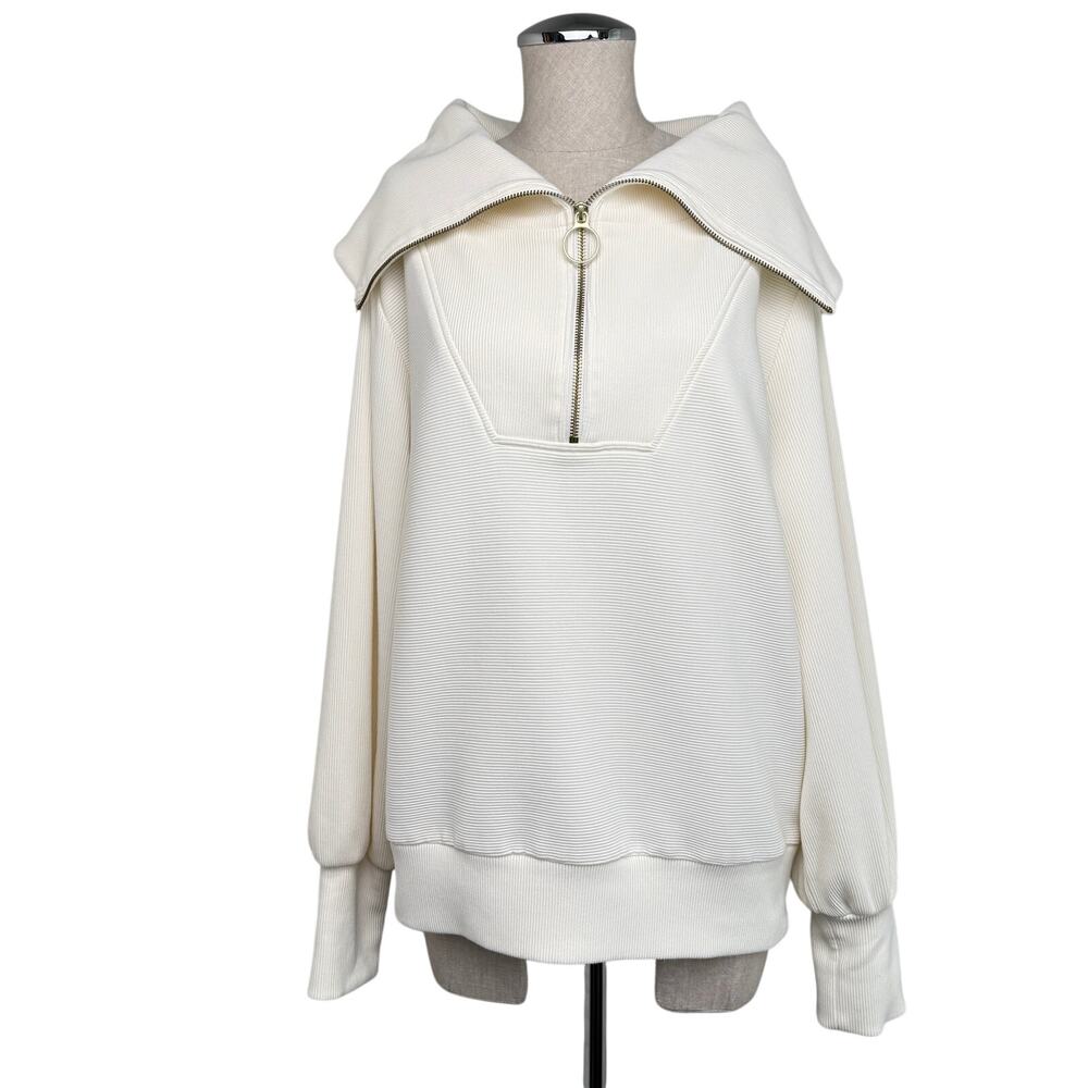 Varley Vine Half Zip Pullover Sweatshirt Medium Ivory Ottoman Knit Fabric View 3